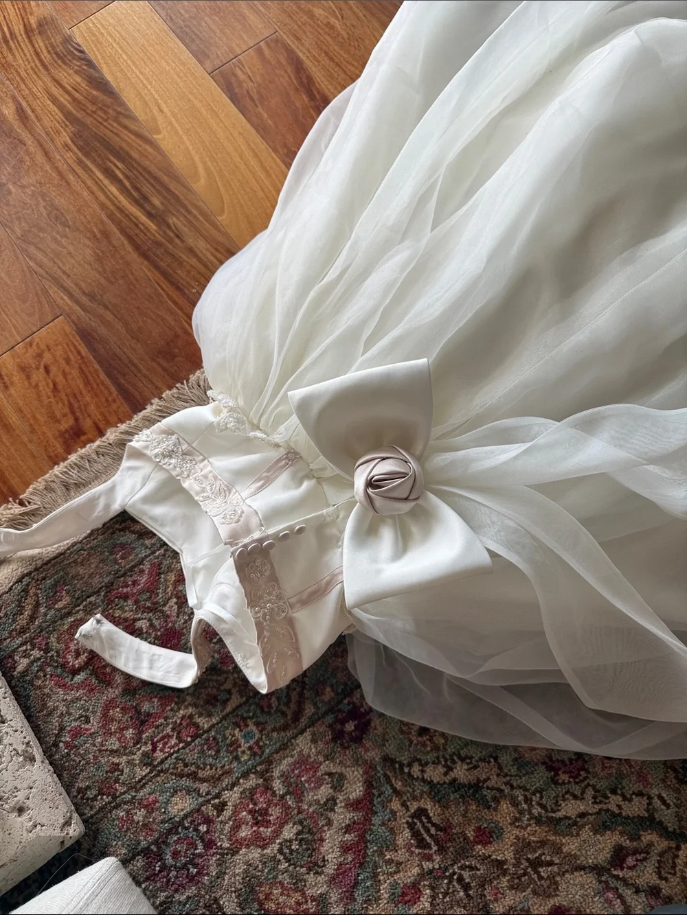 David's Bridal Ivory and Blush Embroidered Flower Girl Dress - Picture 4 of 8